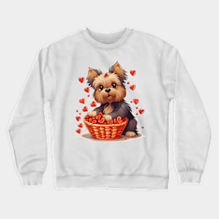 Cartoon Yorkshire Terrier Dog in Hearts Basket Crewneck Sweatshirt